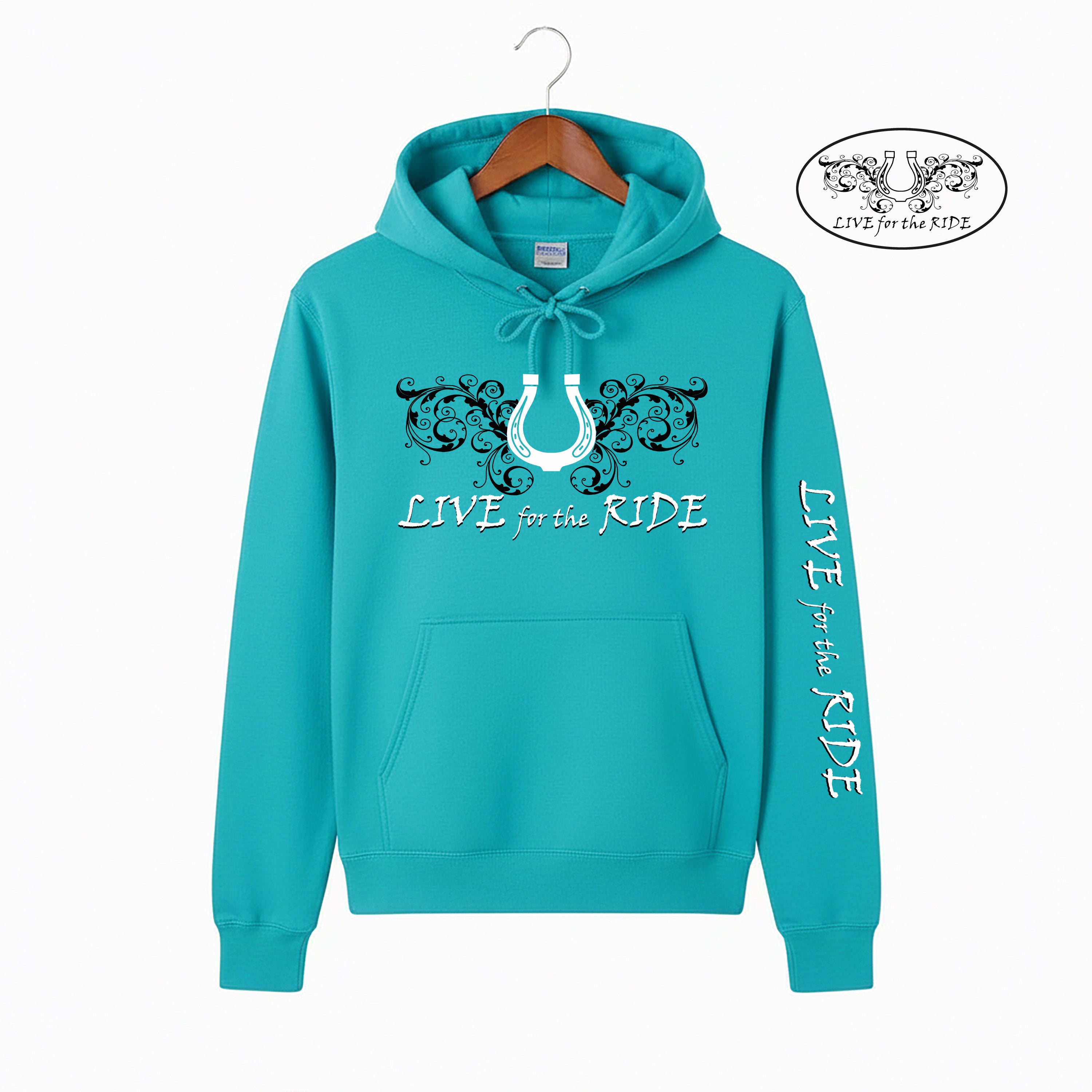 Ride 4 Life  ¥ellow Bucks Lucky Horseshoe Hoodie Bright Aqua – Live for the Ride