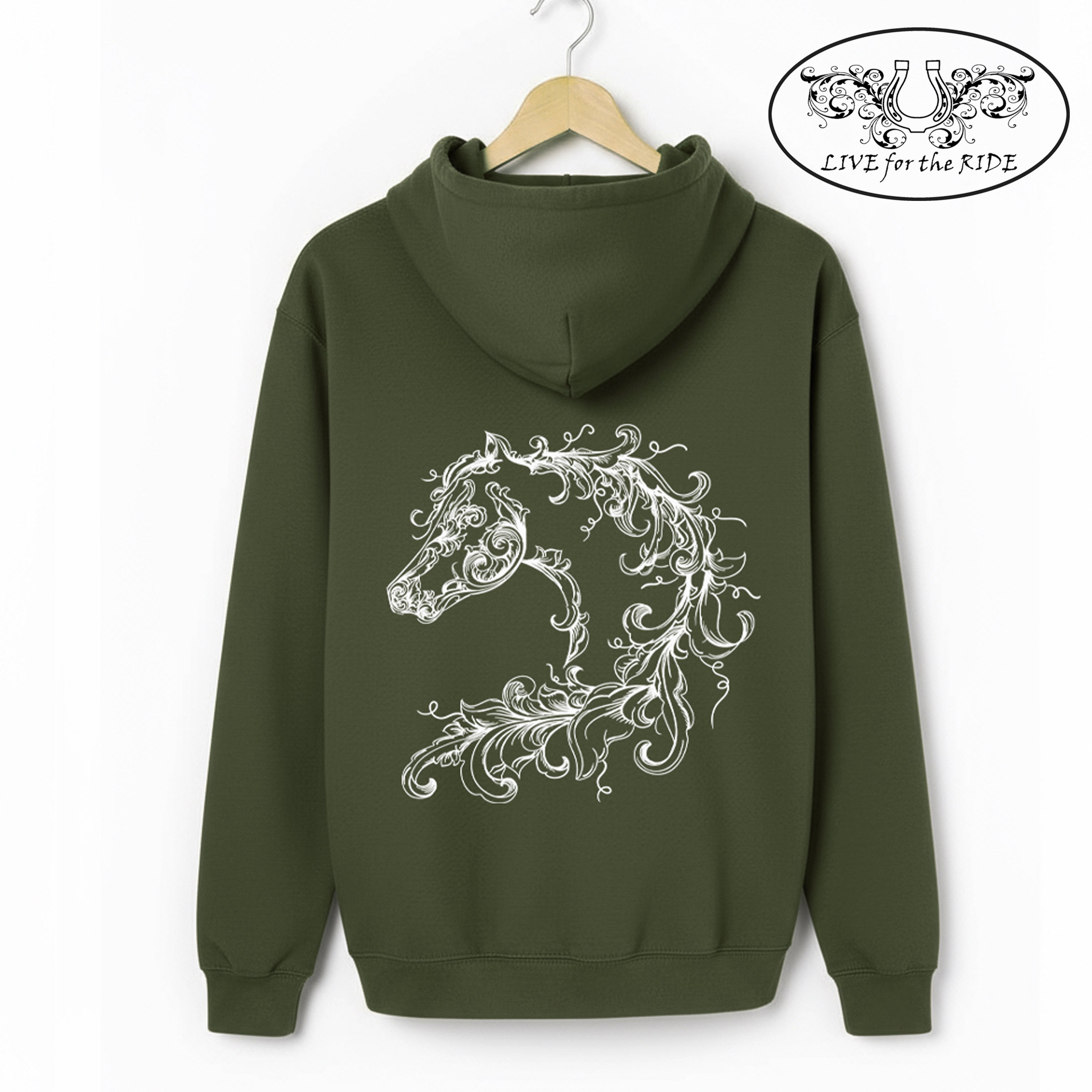 Scroll Horse Hoodie (Olive) – Live for the Ride