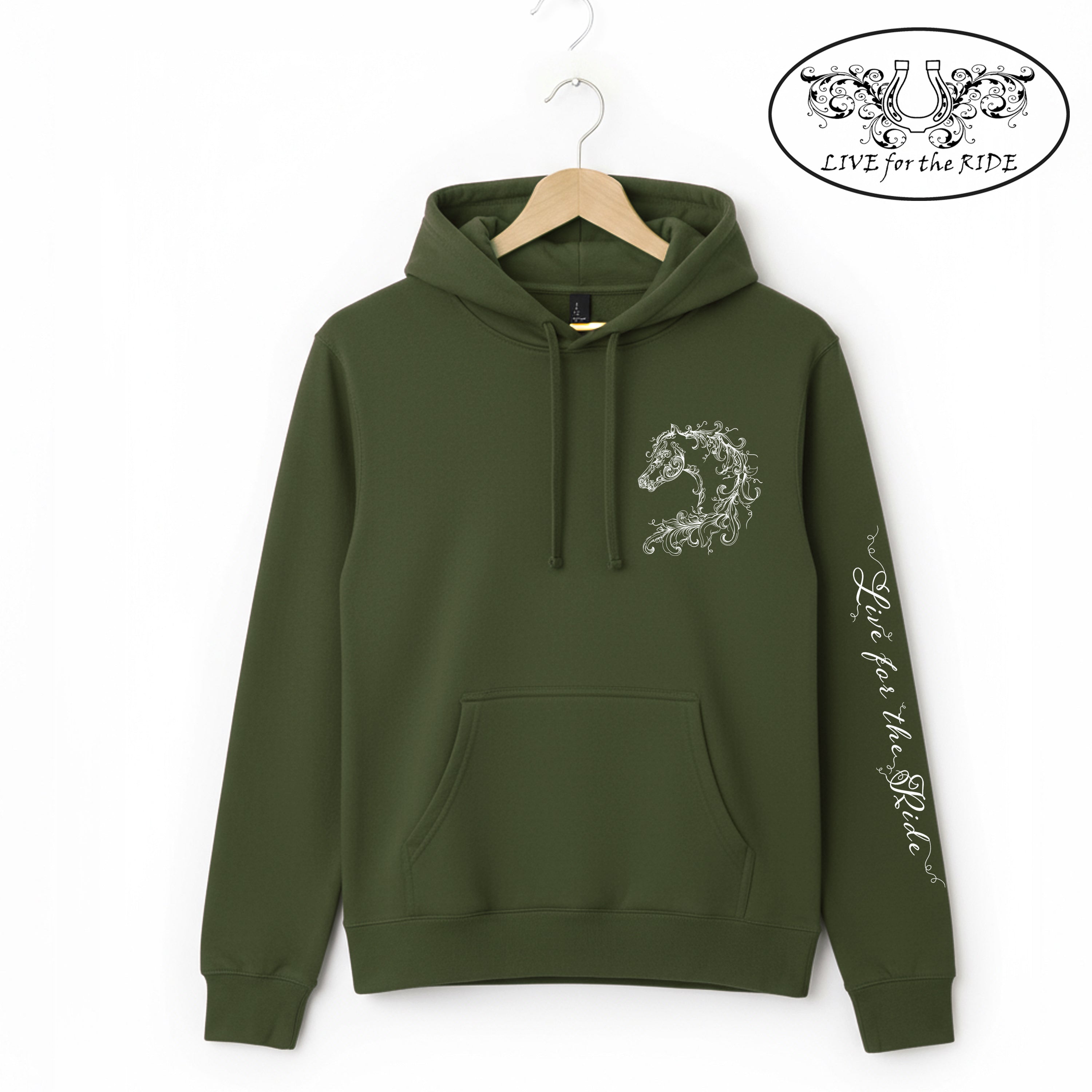 Scroll Horse Hoodie (Olive) – Live for the Ride